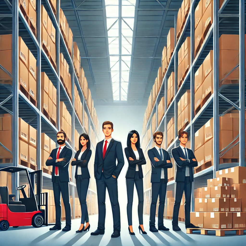 DALL·E 2024-08-31 12.09.18 - An image depicting a team of seven people in a large warehouse, standing in front of shelves filled with packages. The warehouse should have tall rack
