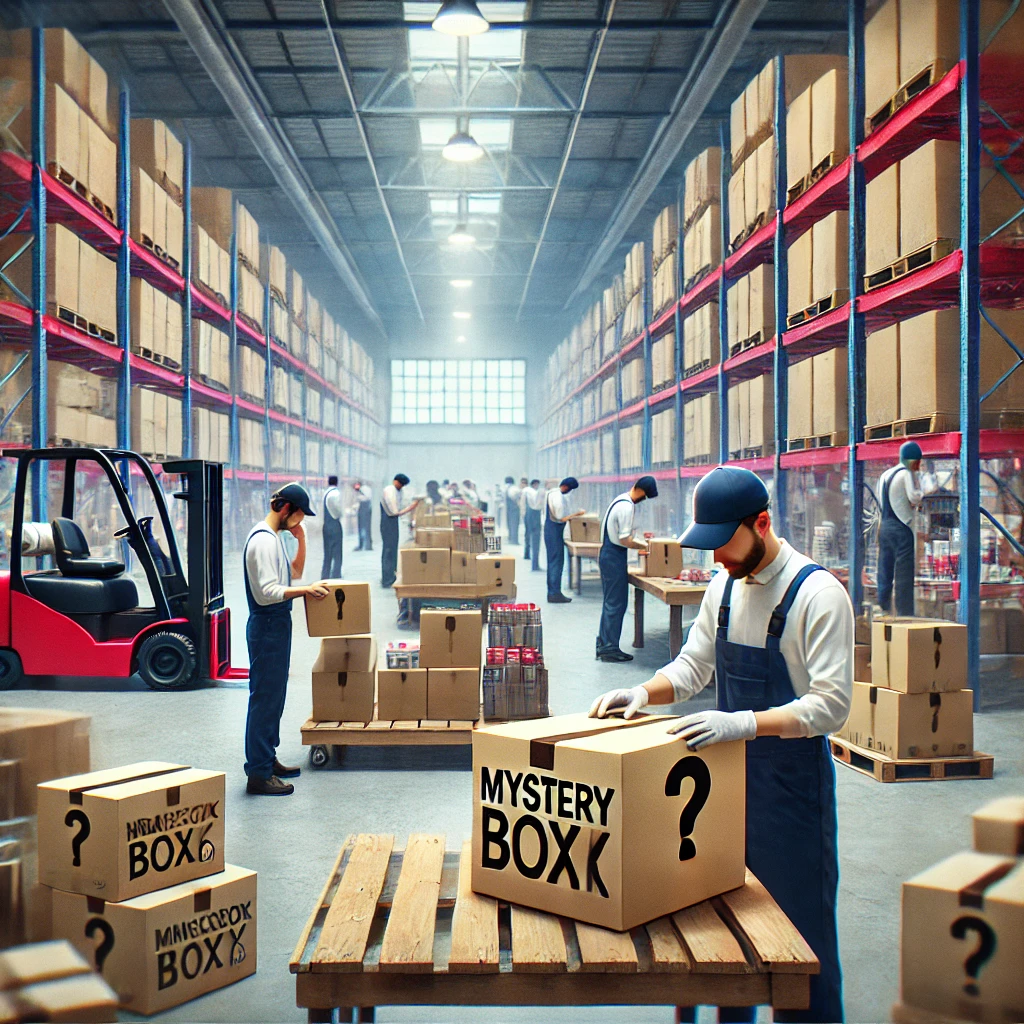DALL·E 2024-08-31 22.17.16 - A realistic photo-style image depicting workers in a professional warehouse environment specifically focused on assembling mystery boxes. The scene in